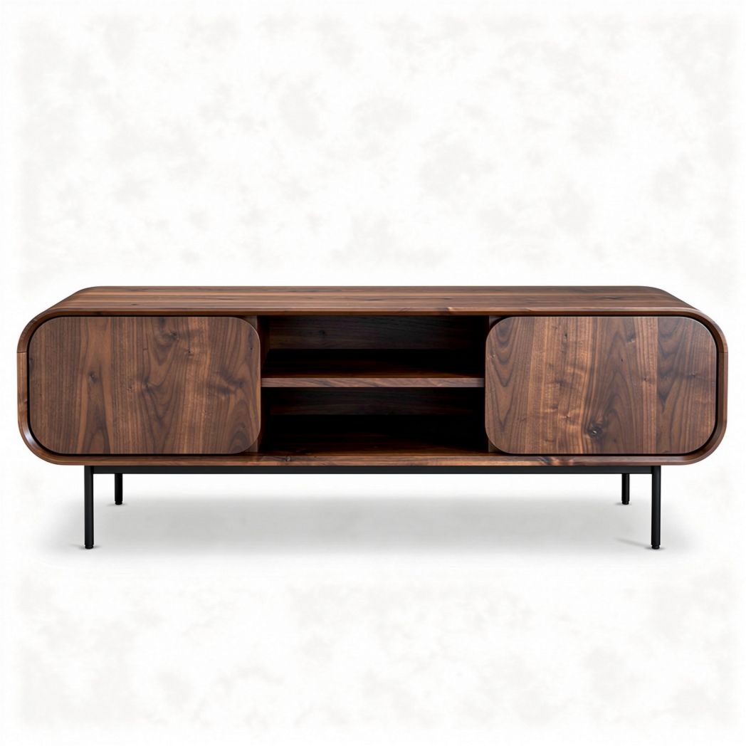 Walnut wood TV stand with four storage compartments 150 x 40 x 45cm