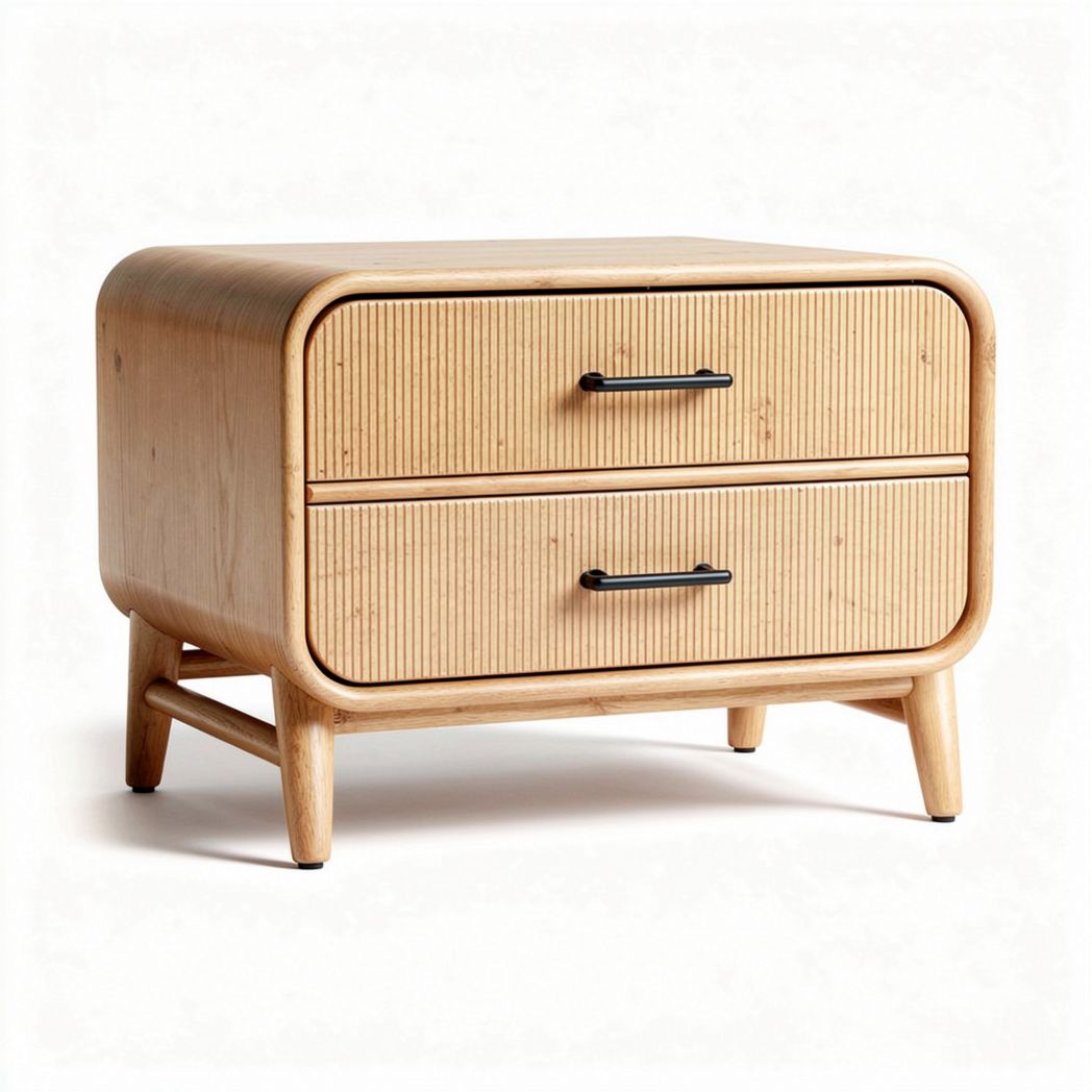 Natural wood nightstand with two drawers and ribbed design 50 x 40 x 40cm