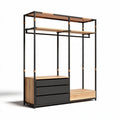 Wood and metal open wardrobe with drawers and shelves for storage 150 x 100 x 200cm