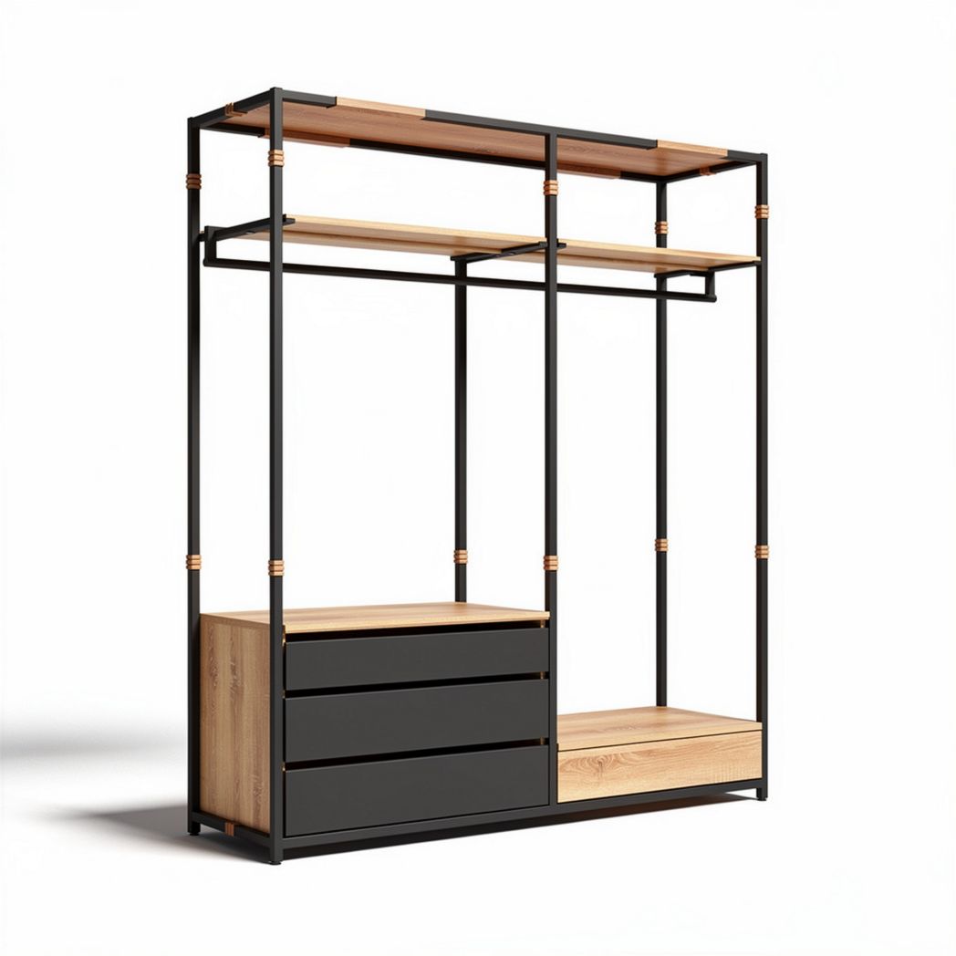 Wood and metal open wardrobe with drawers and shelves for storage 150 x 100 x 200cm