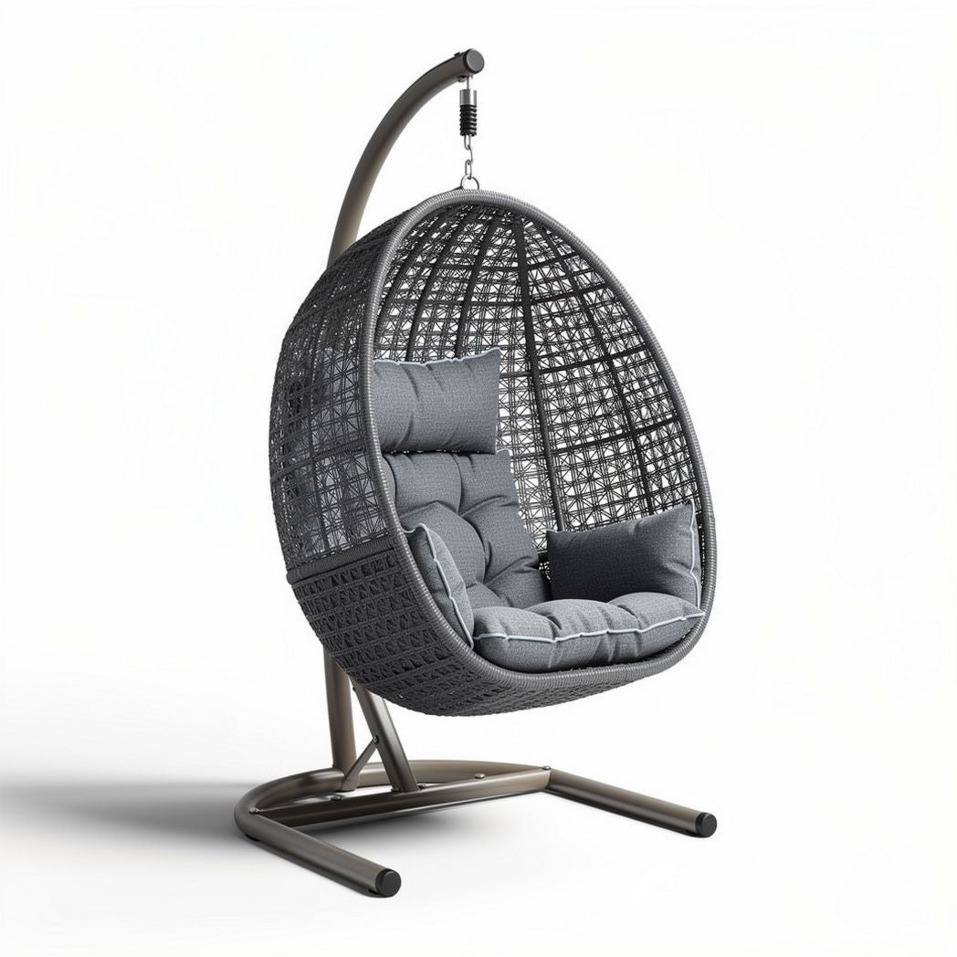 Woven hanging egg chair with metal frame and cushioned seating 90 x 75 x 120cm