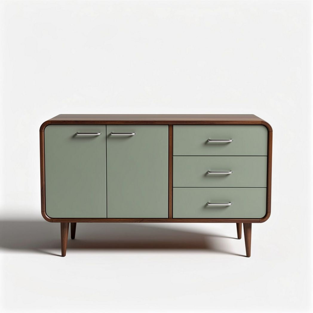 Mid-century modern sideboard in green and brown wood finish 120 x 40 x 75cm